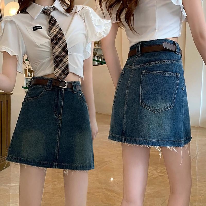Retro Korean style fur-edged denim skirt for women in spring and summer loose pure style A-line Korean style ins hip denim skirt