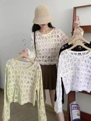 New beads spring and autumn hook-flower hollow sweater tassel outer blouse round neck loose top