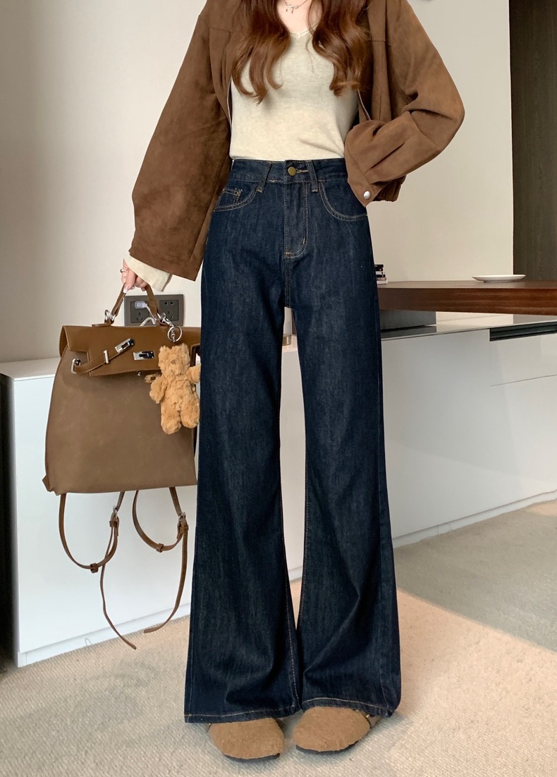 American retro dark blue jeans for women 2025 autumn new versatile floor pants loose wide-leg pants long trousers