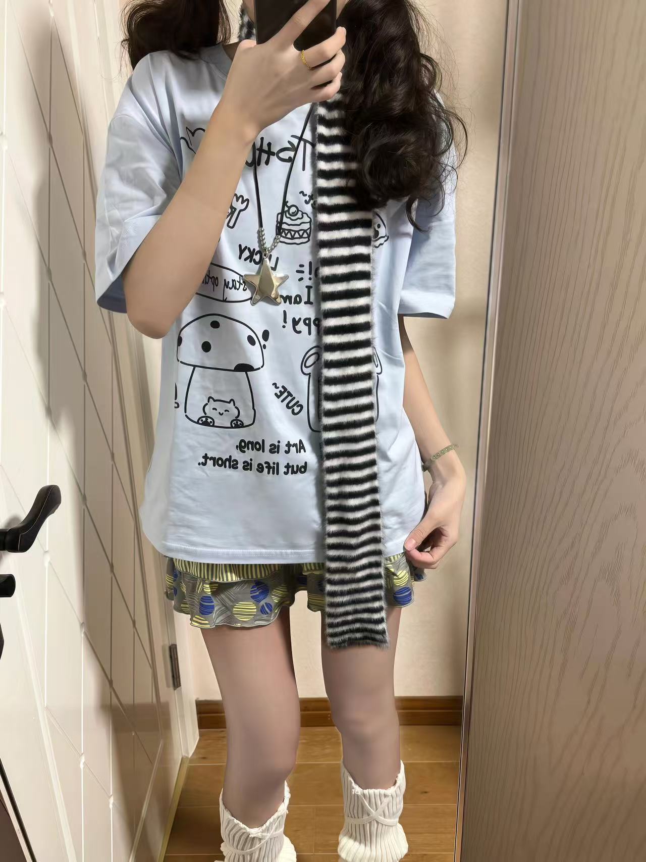 200g combed and tight-fitting sprinkler, pure cotton backpack, spring and summer loose shoulder printed short-sleeved T-shirt