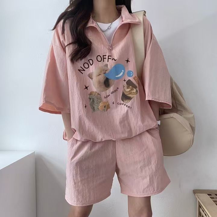Korean Women's Sportswear Set Summer 2025 New Short-Sleeve Shorts Campus Style Cute Girl Running Two-Piece Set
