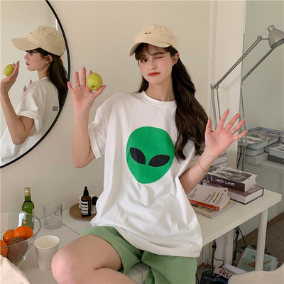 韓國外貿夏季新款印花黑色短袖寬鬆韓版圓領情侶半袖百搭t恤女潮