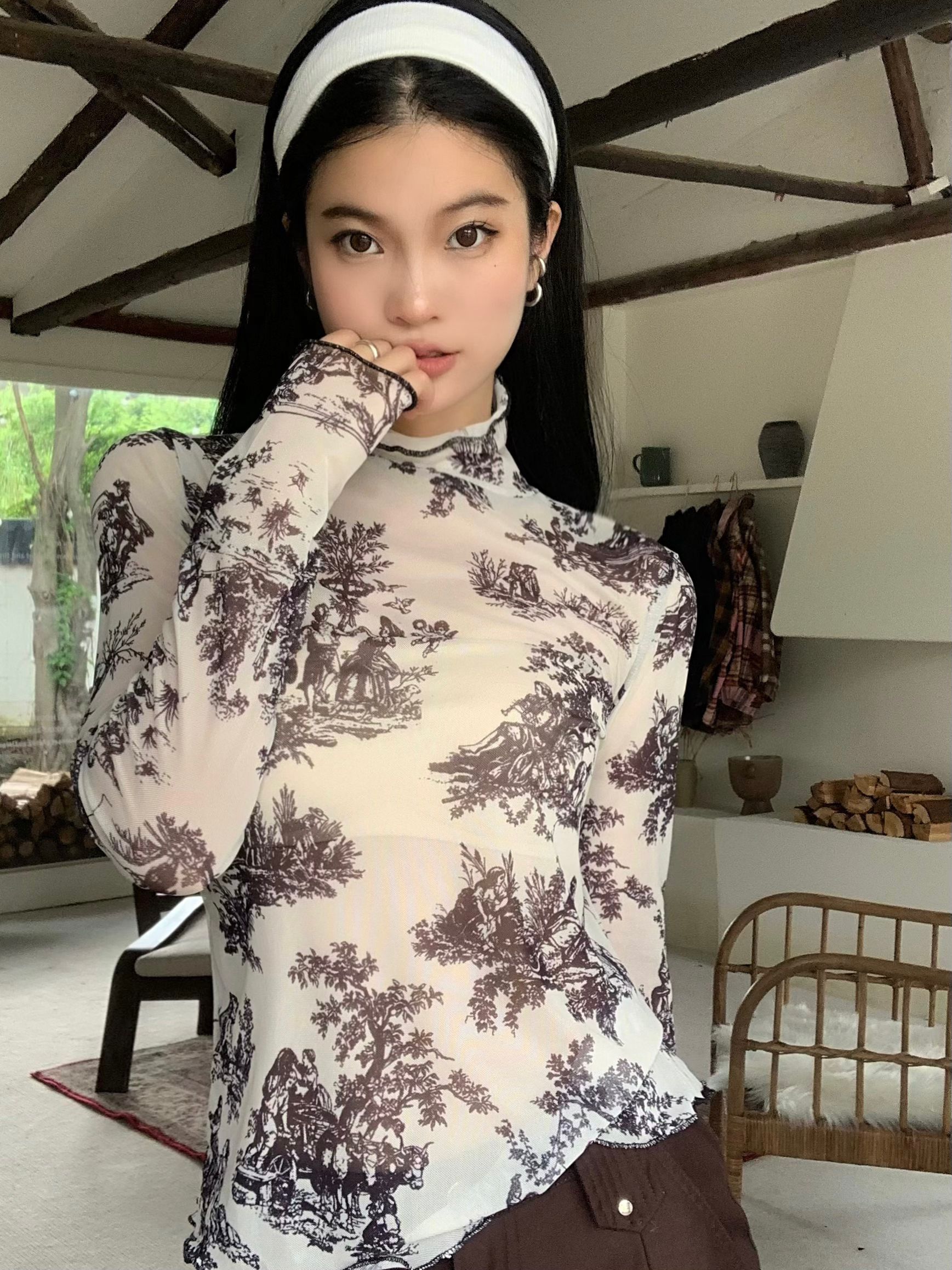 實拍2025~清冷淡系上衣設計感網紗半高領打底衫T恤長袖外穿
