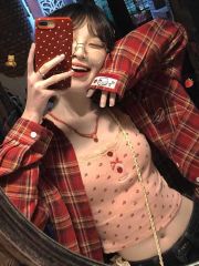 Retro red checkered shirt for women in summer new versatile long casual jacket