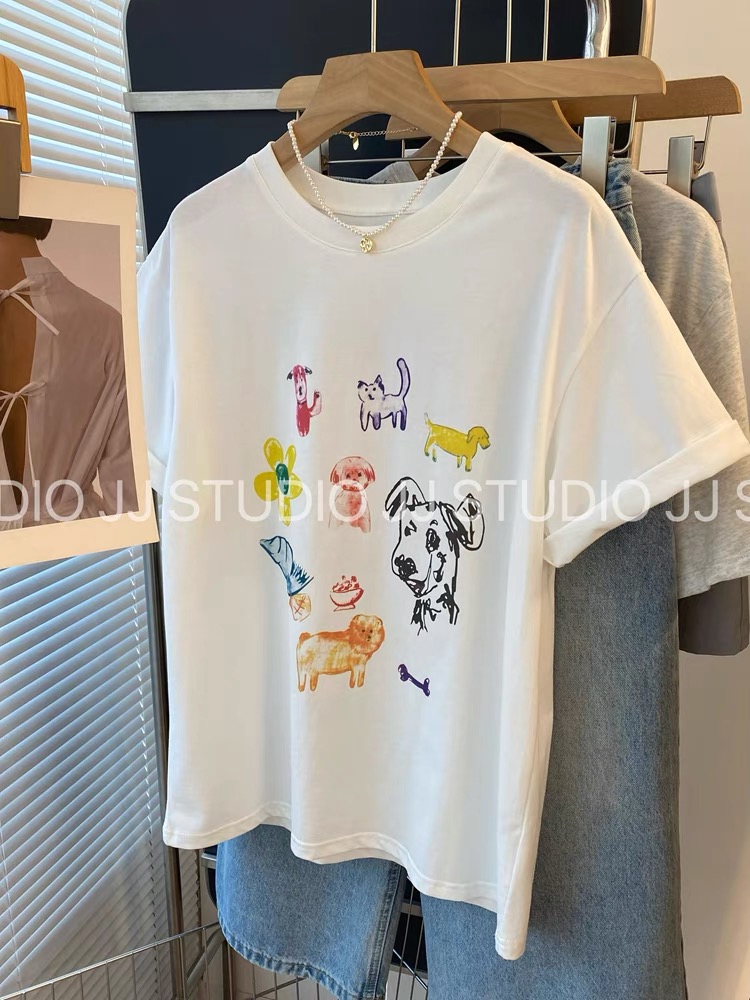 200g combed and tight spun in 2025, pure cotton back bag strip, spring and summer loose shoulder printed short-sleeved T-shirt