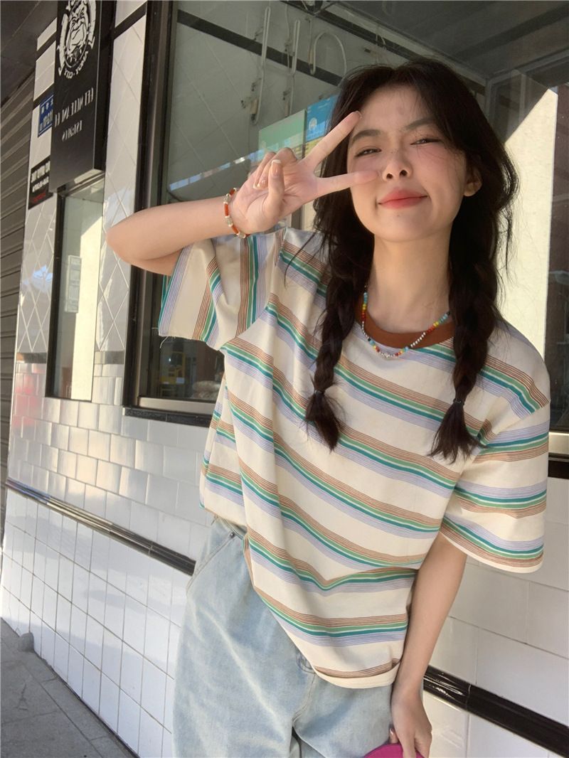 韓國外貿原版夏季新款復古條紋圓領短袖t恤女裝韓版寬鬆上衣百搭