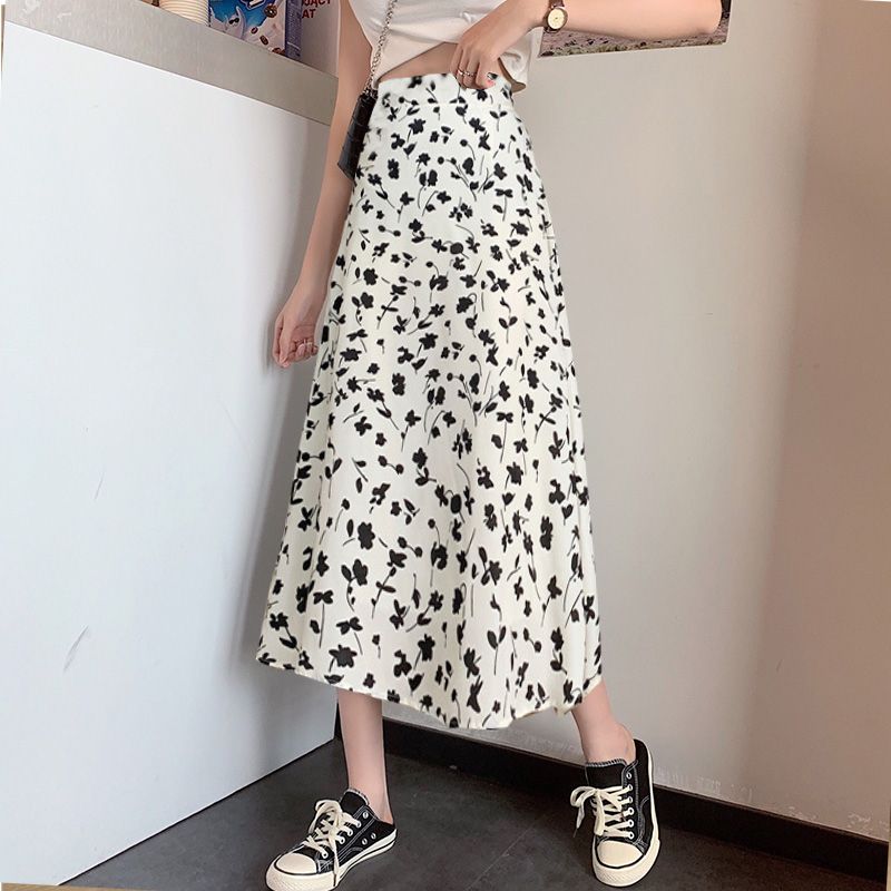 Black floral skirt for women, small summer high waist slim French mid-length printed skirt chiffon a-line skirt