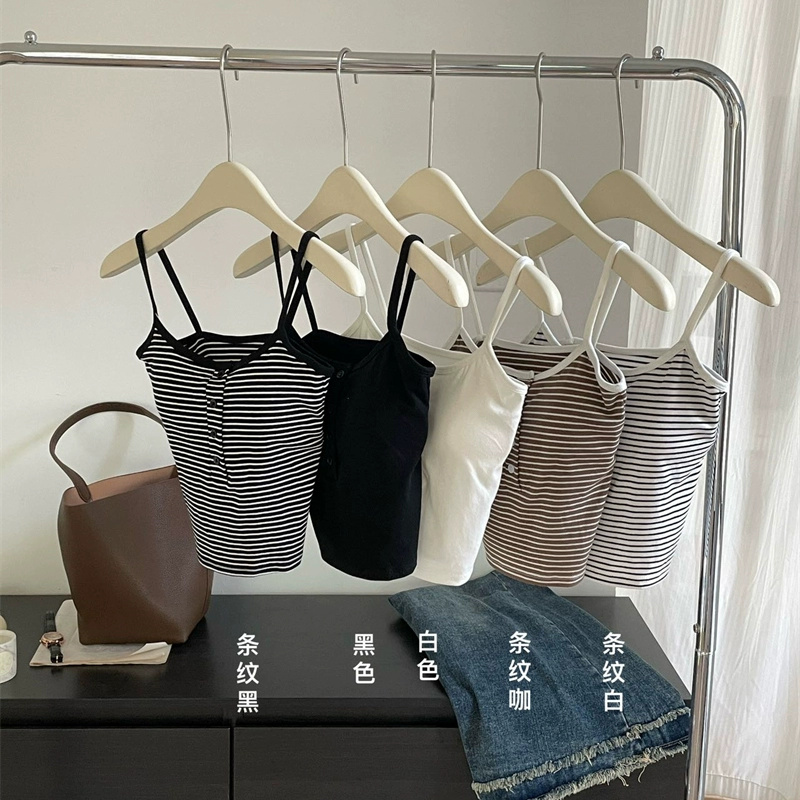 Sling button vest inside can be worn outside with a fixed cup without wearing a bra for women's striped sexy one-piece cup