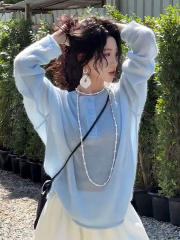 Western Lilac Henry Collar Micro-Transparent Thin Sweater Women's Spring Curled Mohair Long Sleeve Shirt 9063