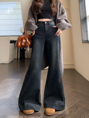 實拍#新款寬鬆微喇牛仔長褲女設計感大褲腳闊腿拖地馬蹄褲子
