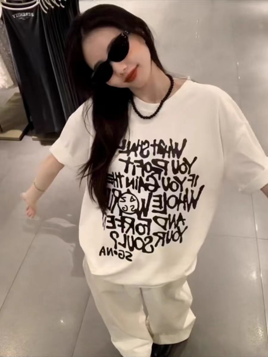 200g combed and tight-fitting sprinkler, pure cotton backpack, spring and summer loose shoulder printed short-sleeved T-shirt