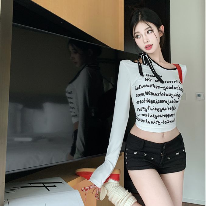 不規則系帶長袖t恤女秋季新款純欲辣妹露肩上衣打底衫設計感小眾