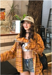 American retro yellow plaid shirt for women 2025 summer new loose long sleeve versatile sunscreen shirt jacket