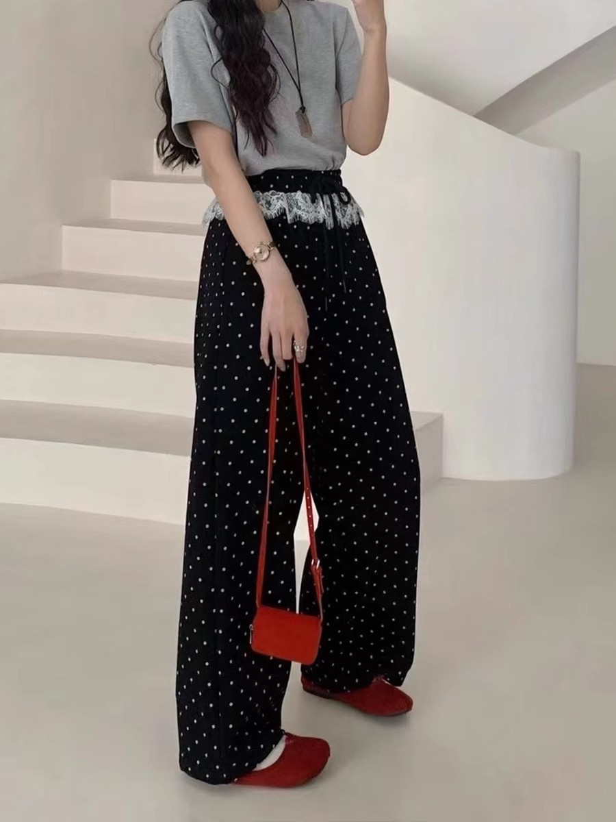 Black polka dot lace lace sports wide-leg pants for women in spring and autumn 2025 new high-waist slimming drooping casual sleeves