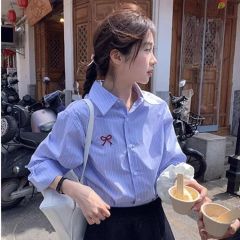 官圖原版做工 三標齊藍色條紋刺繡襯衫女春季時尚百搭通勤襯衣