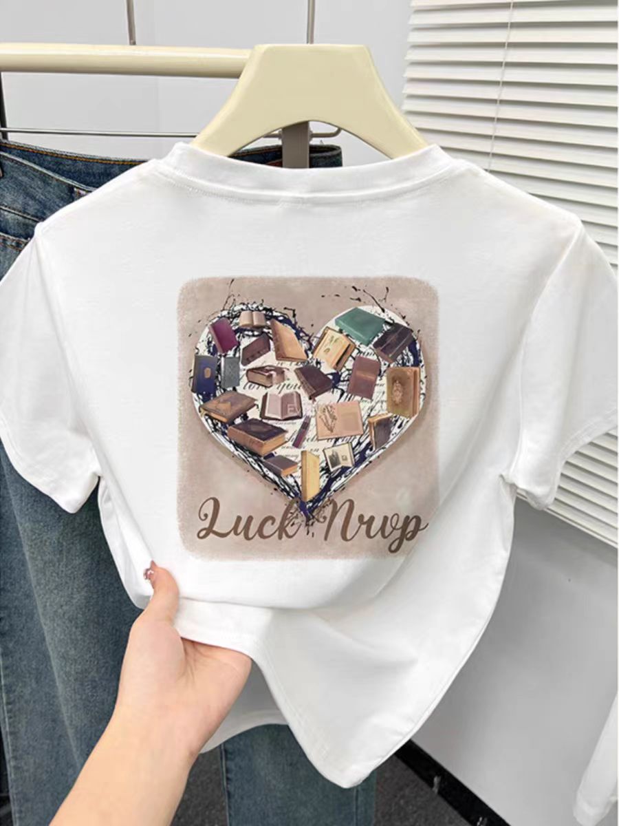 Printed front shoulder short-sleeved T-shirt for women in summer new niche American pure cotton slim T-shirt top