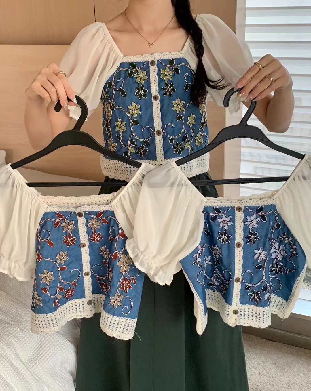 Imitation denim embroidered floral square collar chiffon spliced ​​sweater for women in summer hollowed-out niche gentle top