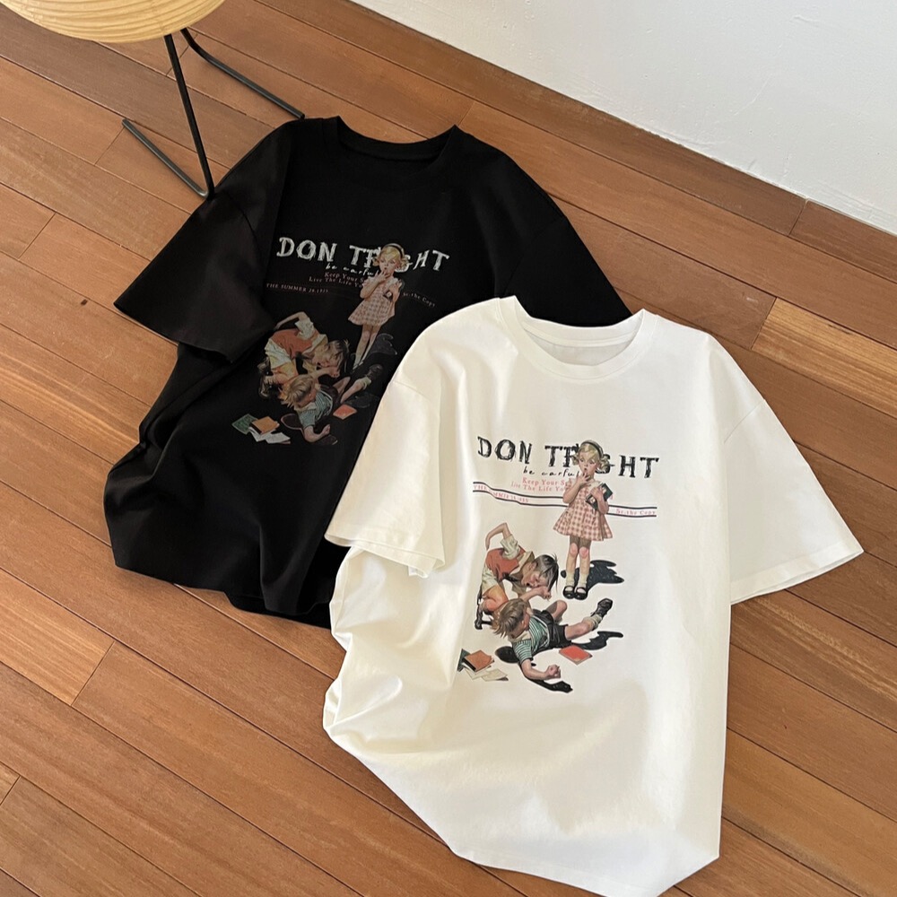 200g combed and tight-fitting sprinkler, pure cotton backpack, spring and summer loose shoulder printed short-sleeved T-shirt