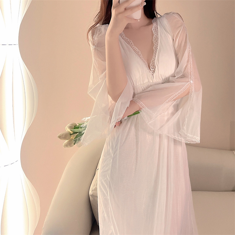 Real shot of new palace style sexy mesh perspective tempting pajamas long breast pad nightgown home clothes