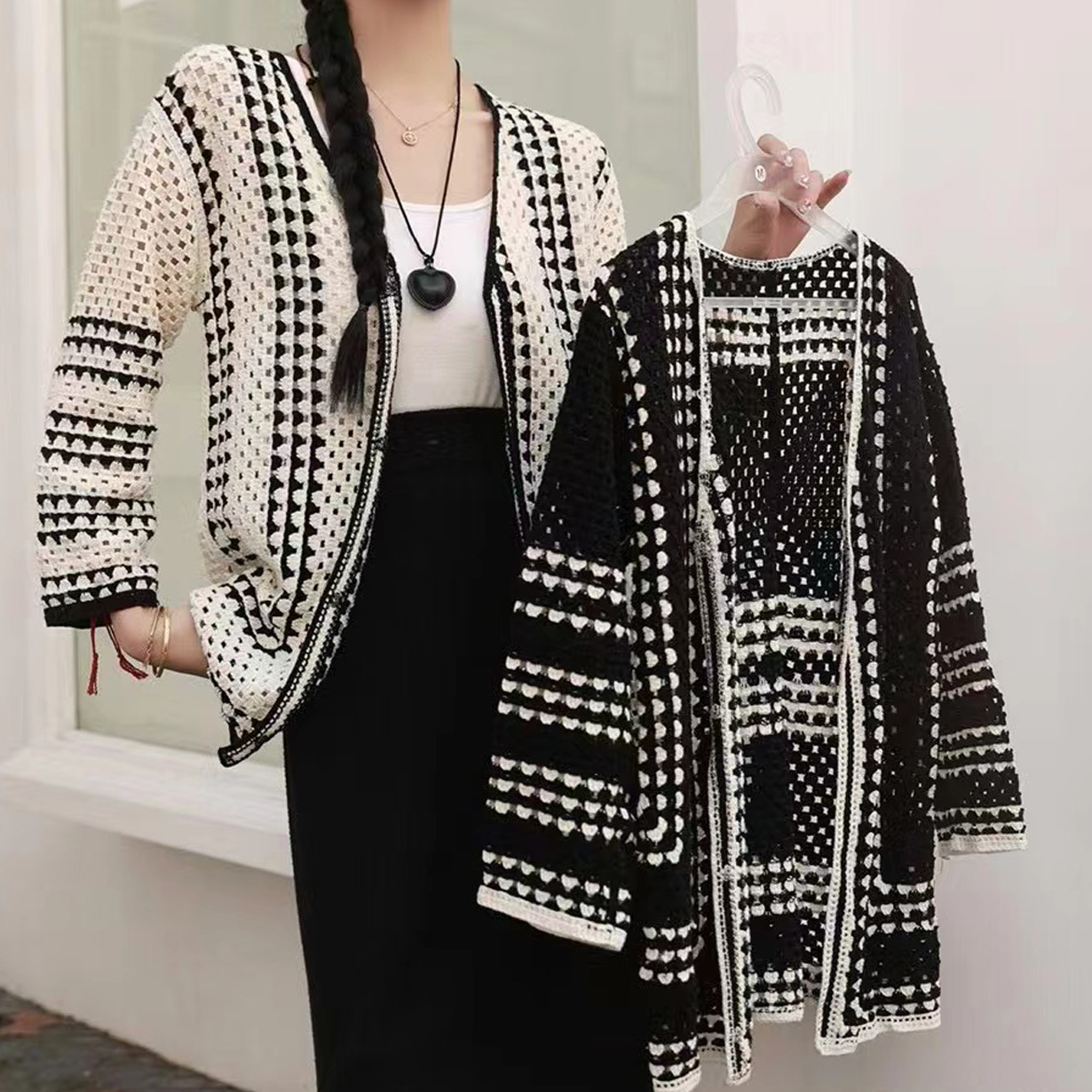 Sweet heavy industry color-blocked knitted crochet sweater for women's autumn new loose slim long-sleeved sweater cardigan jacket