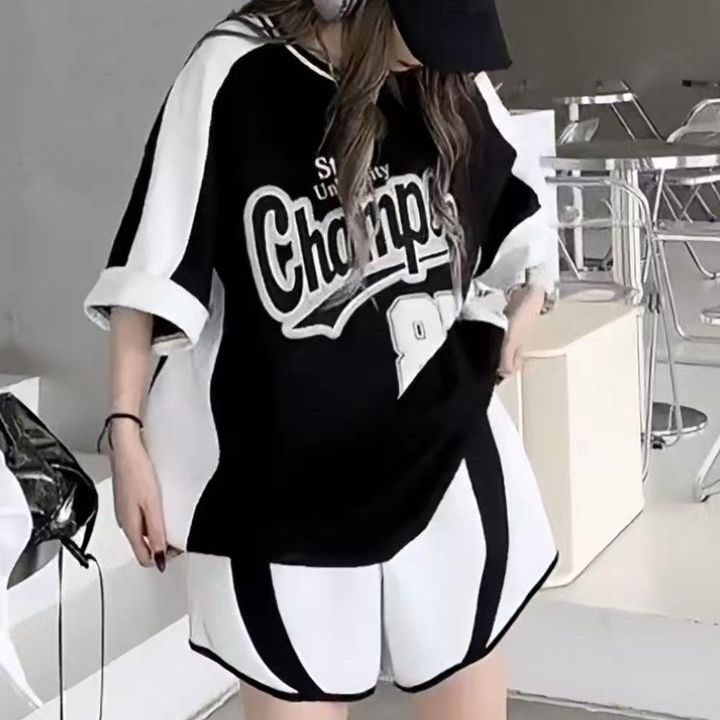 Fashion Loose Slimming Short Sleeve Shorts Set Half Sleeve Women's Large Round Neck Dancing Trendy Two Piece Set
