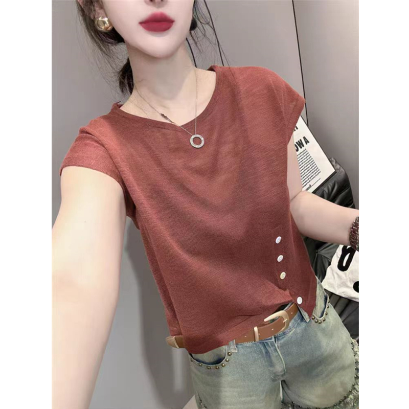 New summer round neck ice silk sweater short-sleeved women's design and relaxed and slimming irregular top