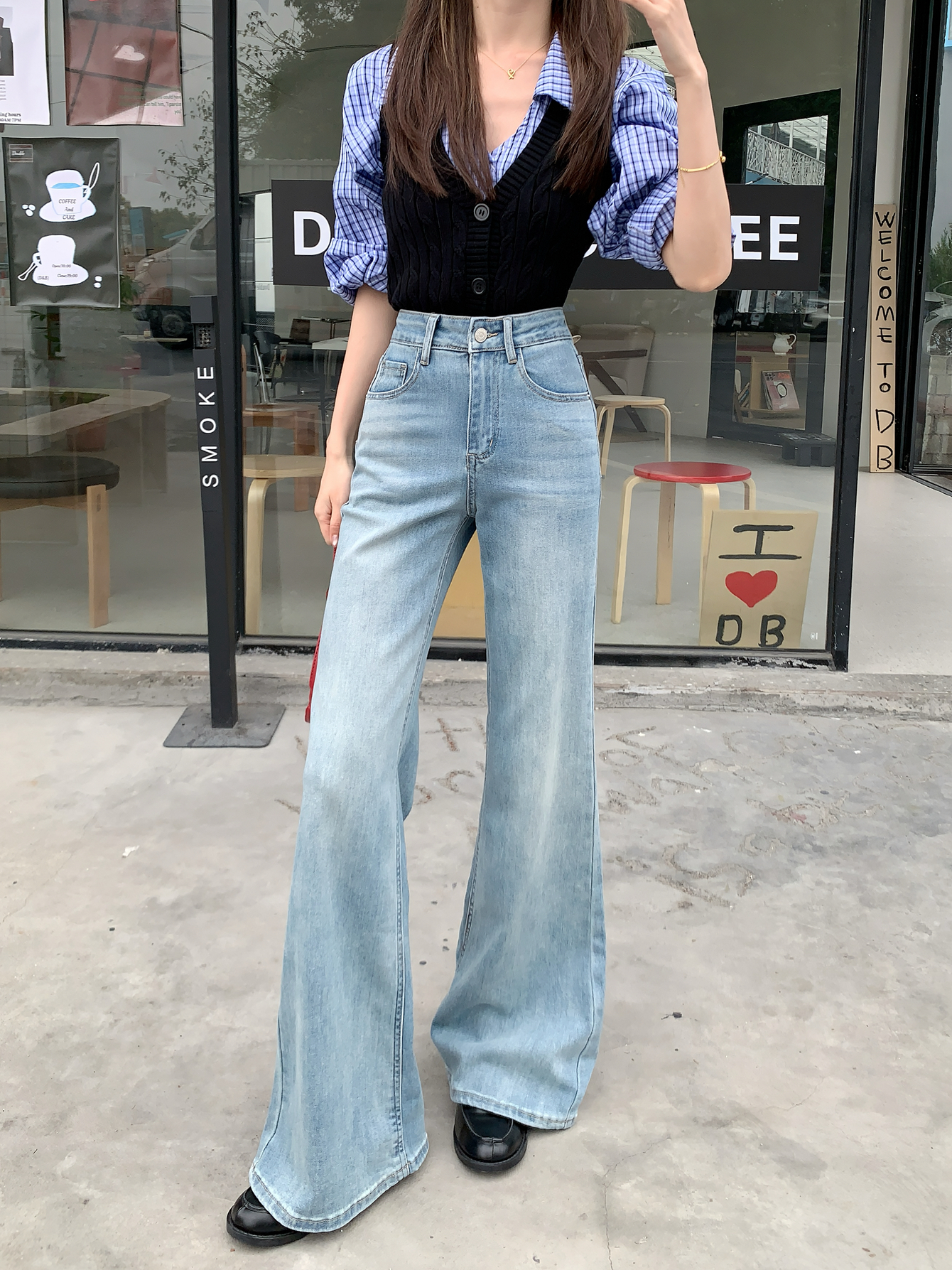 實拍#寬鬆直筒微喇叭牛仔長褲女復古水洗設計感闊腿拖地褲子