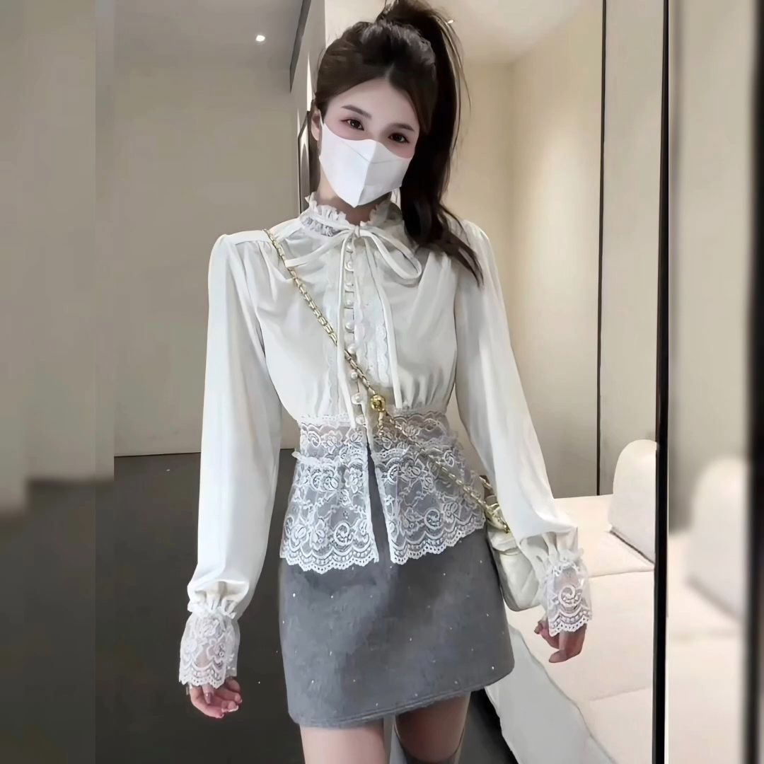 原版做工韓版高級感氣質上衣復古蕾絲拼接長袖襯衫