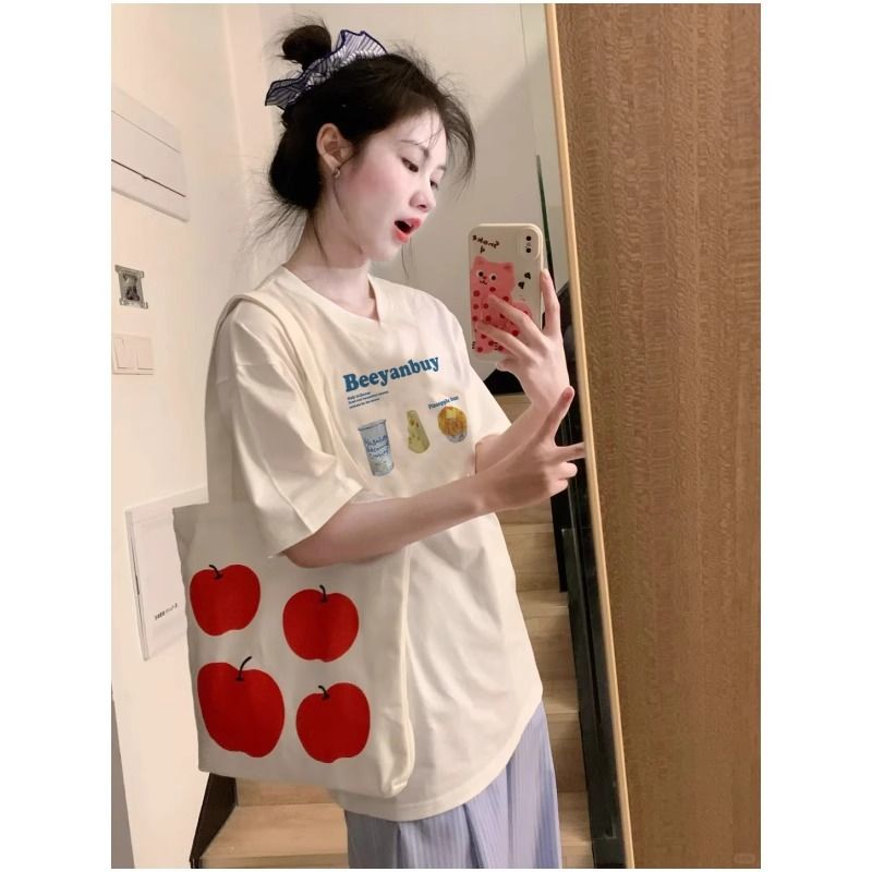 200g combed and tight-fitting sprinkler, pure cotton backpack, spring and summer loose shoulder printed short-sleeved T-shirt