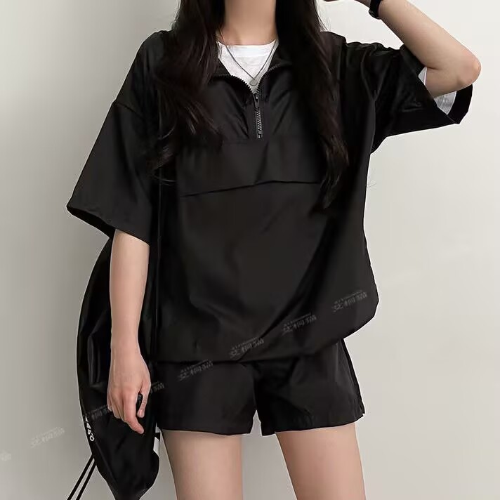 拉鏈拼接短袖短褲套裝女裝兩件套純色夏季外穿運動服跑步寬鬆