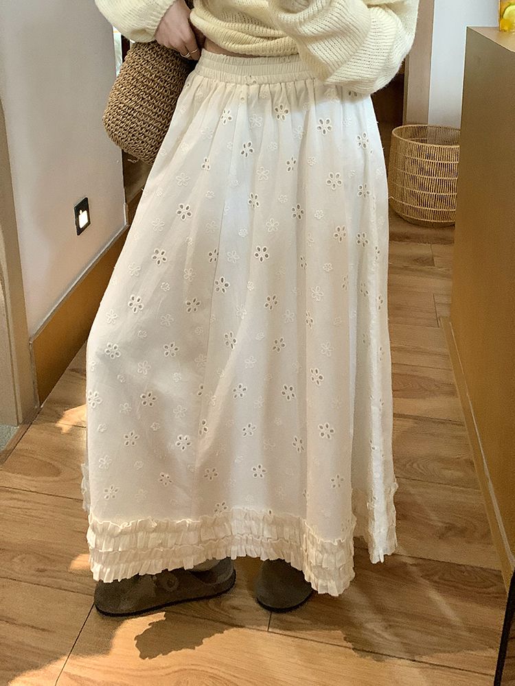 烏77法式白色鏤空花朵刺繡半身裙女2025春季設計感氣質a字中長裙
