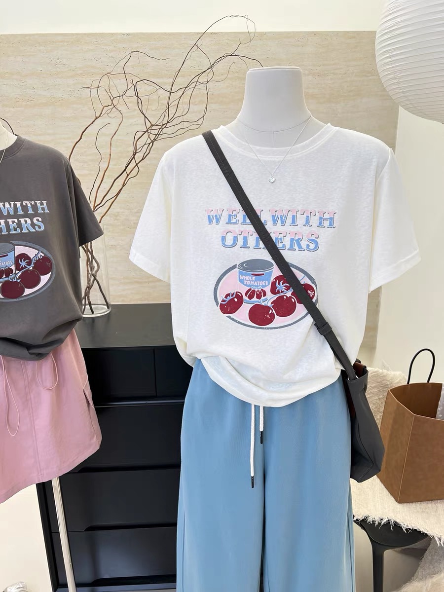 200g combed and tight-fitting sprinkler, pure cotton backpack, spring and summer loose shoulder printed short-sleeved T-shirt