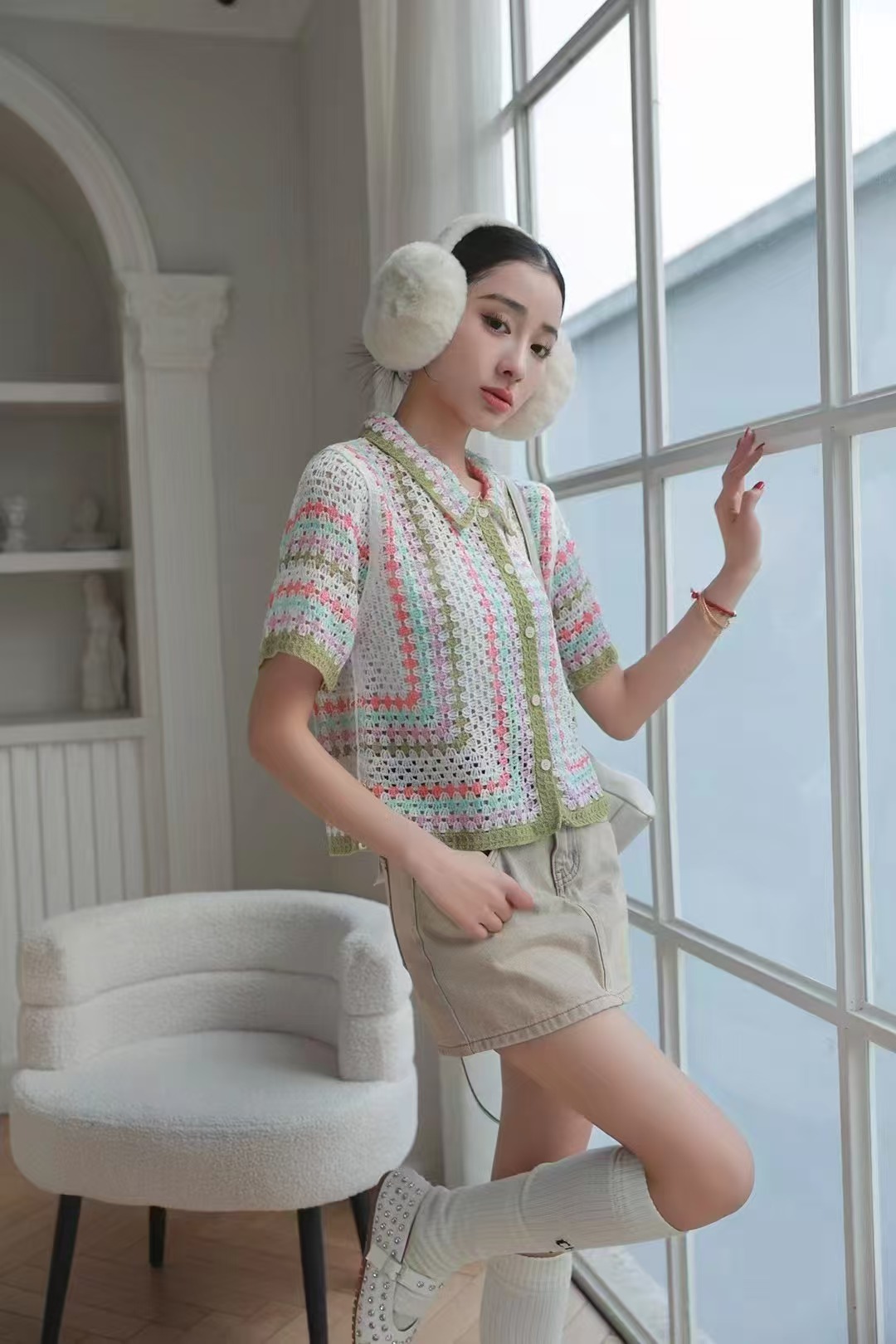 Spring trendy loose hollow striped POLO collar sweater for women new American handsome casual cardigan top trendy