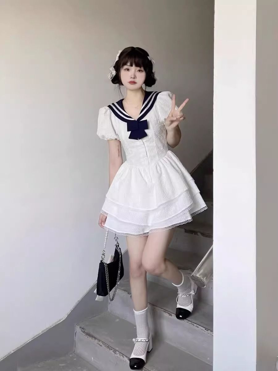 學院海軍領小個子白色性感連衣裙女夏季蓬蓬公主裙純欲風初戀短裙