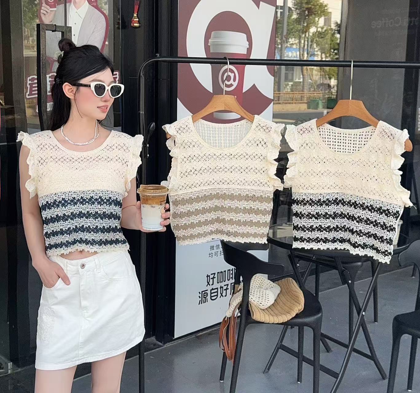 2025 summer new embroidered knitted vest airplane sleeves for women small hook and hollow fungus sleeves slimming top