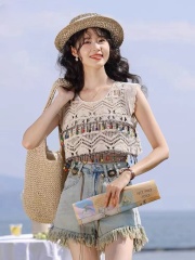 Retro tassel flying sleeve hollow sweater for women 2025 new Korean summer styling suspender top vest for women