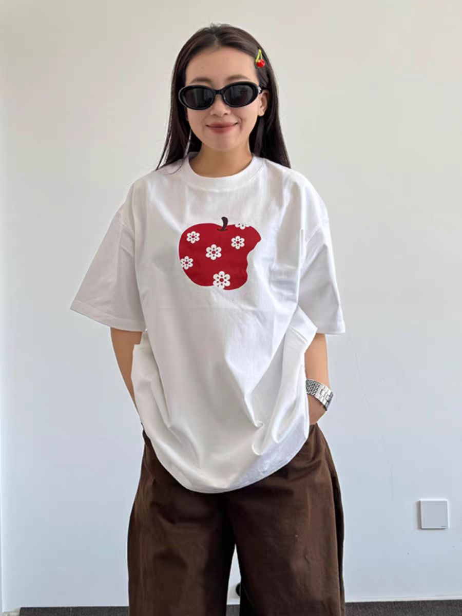 200g combed and tight-fitting sprinkler, pure cotton backpack, spring and summer loose shoulder printed short-sleeved T-shirt