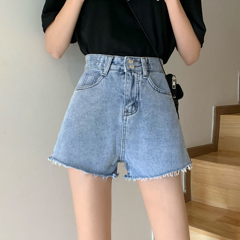 Korean version of simple fur-edged double button high-waist denim shorts for women in spring and summer new loose slim casual denim hot pants