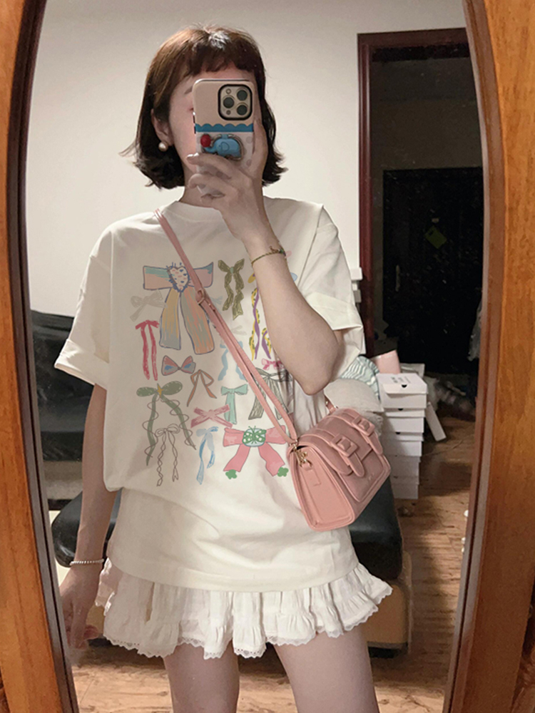 200g combed and tight-fitting sprinkler, pure cotton backpack, spring and summer loose shoulder printed short-sleeved T-shirt