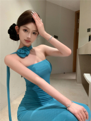 實拍復古氣質女神性感裹胸包臀立體花朵飄帶連衣裙女