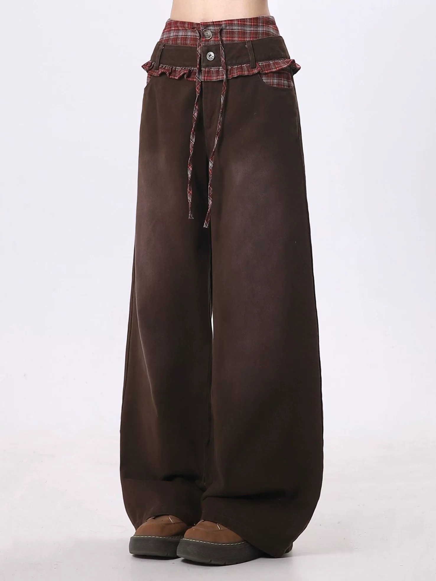 Plaid spliced ​​Maillard jeans for women in spring American style loose and slim casual wide-leg trousers trendy