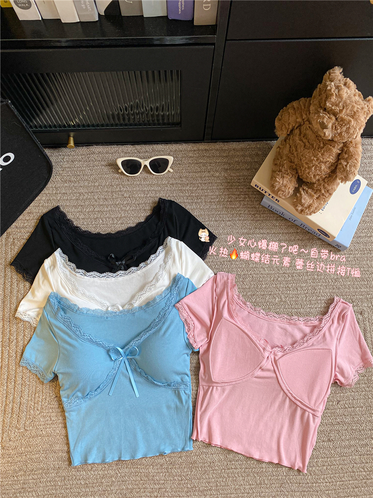 Real shot!  Summer pure hot girls solid color lace bow with chest pad short-sleeved T-shirt top