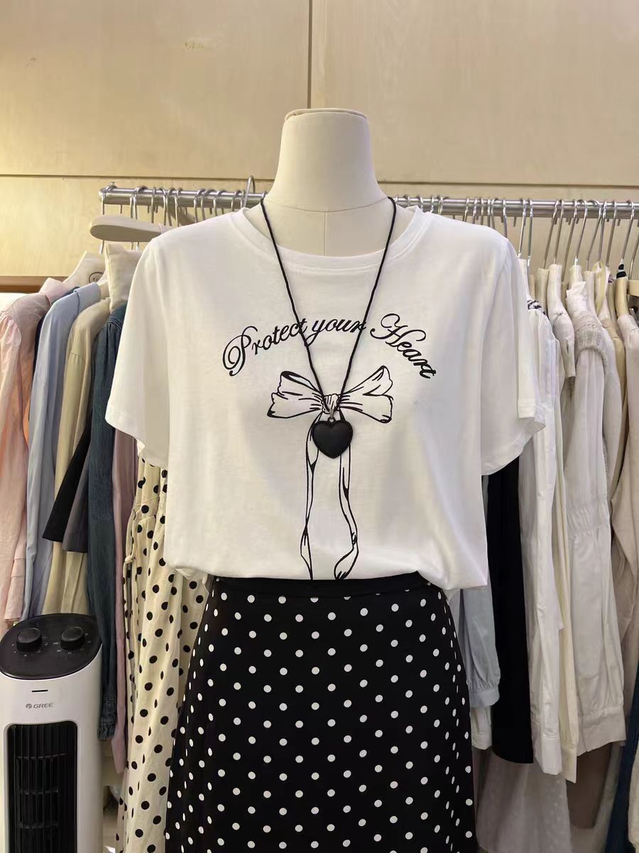 200g combed and tight-fitting sprinkler, pure cotton backpack, spring and summer loose shoulder printed short-sleeved T-shirt