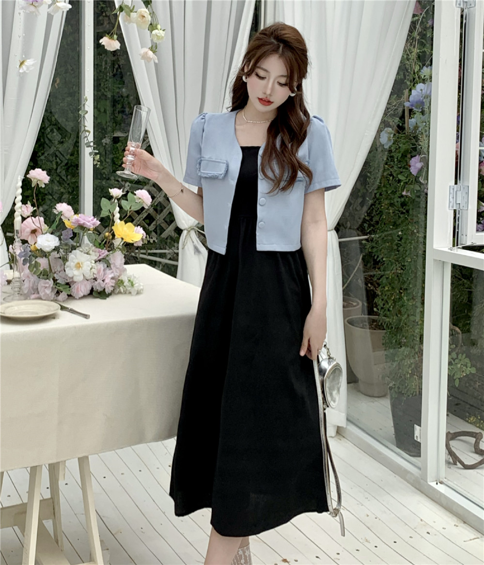 Real shot of summer small fragrance style light blue short jacket + black Hepburn style suspender dress set
