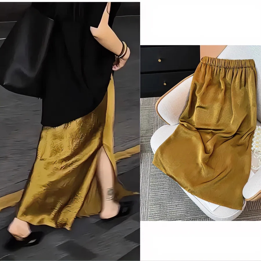 2025 new Chinese style solid color Chinese style slit loose age-reducing slimming satin elastic skirt skirt