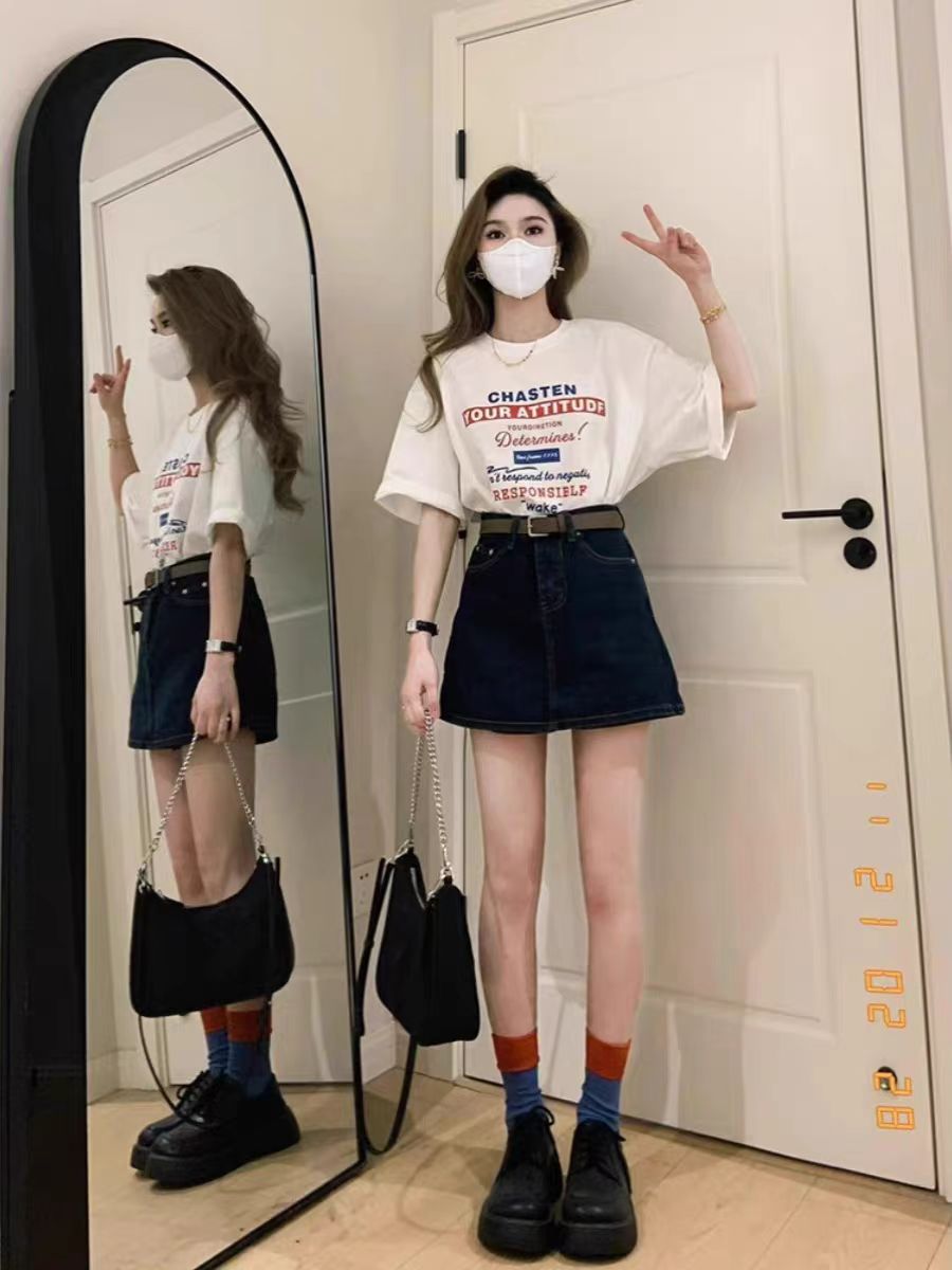 200g combed and tight spun in 2025, pure cotton back bag strip, spring and summer loose shoulder printed short-sleeved T-shirt