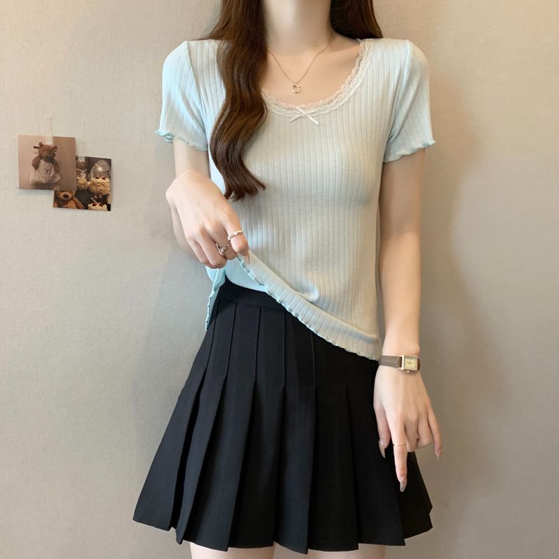 實拍純欲甜辣妹蕾絲bm短袖T恤女夏季打底衫修身內搭短款絕美上衣