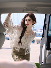 Gentle style flap sleeve lace cardigan for women in spring and summer embroidered hollow sunscreen blouse design retro chic top