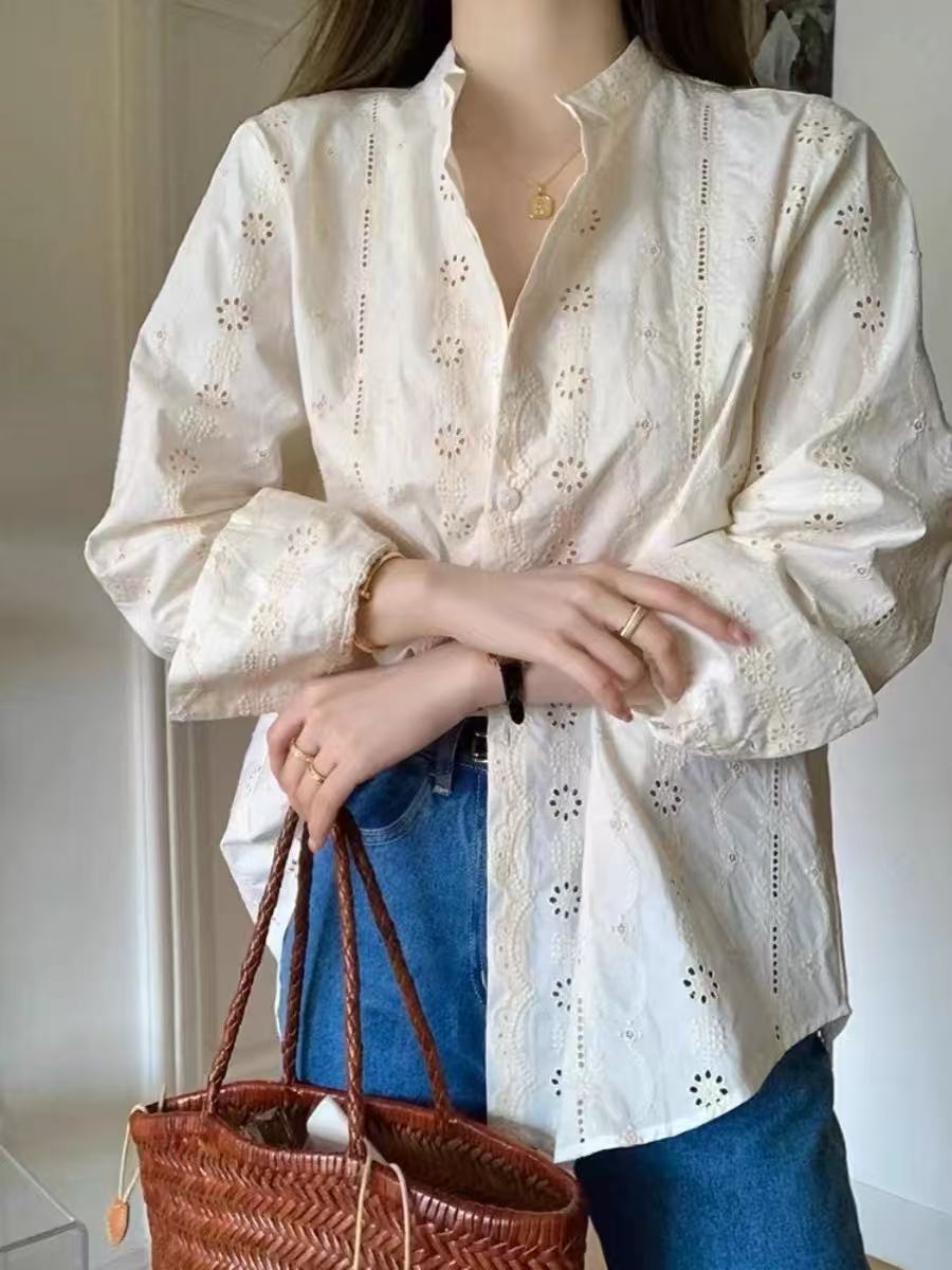 Autumn long-sleeved embroidered literary and versatile casual loose shirt slightly fat large size shirt age-reducing fashionable shirt top