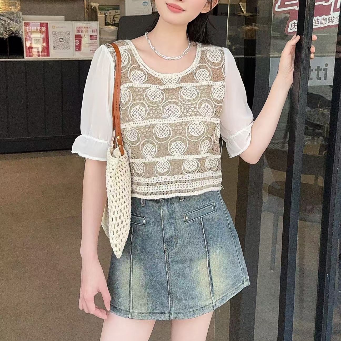 French 2025 new summer hollow high-end jacquard puff short-sleeved T-shirt women's knitted shirt short top